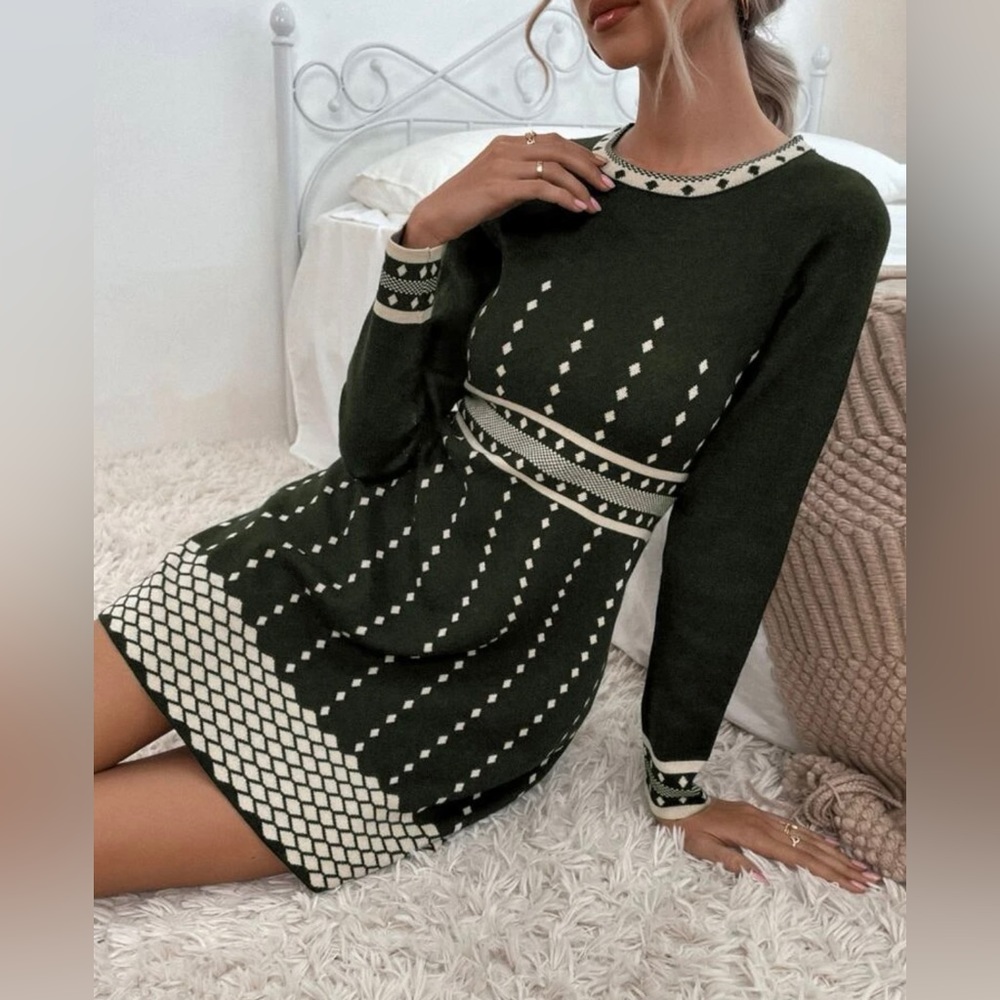 High Waisted Argyle Pattern Sweater Dress